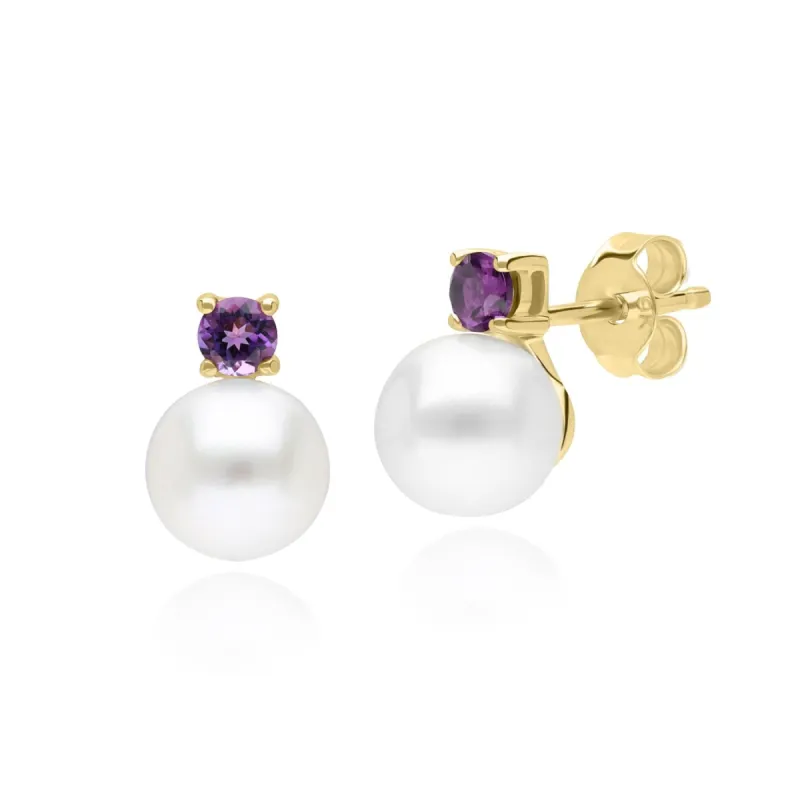 Modern Pearl & Amethyst Stud Earrings in 9ct Yellow Gold sold by Gemondo Jewellery