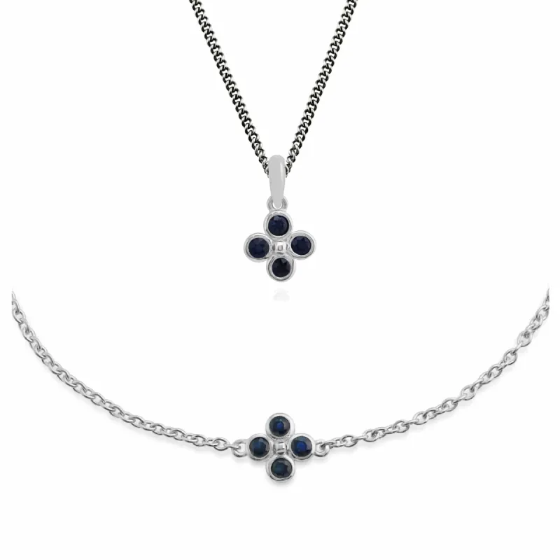 Floral Round Sapphire Clover Pendant & Bracelet Set in 925 Sterling Silver sold by Gemondo Jewellery