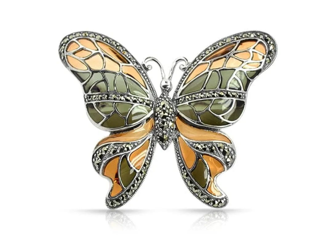 Art Nouveau Style Marcasite & Enamel Butterfly Brooch in 925 Sterling Silver sold by Gemondo Jewellery