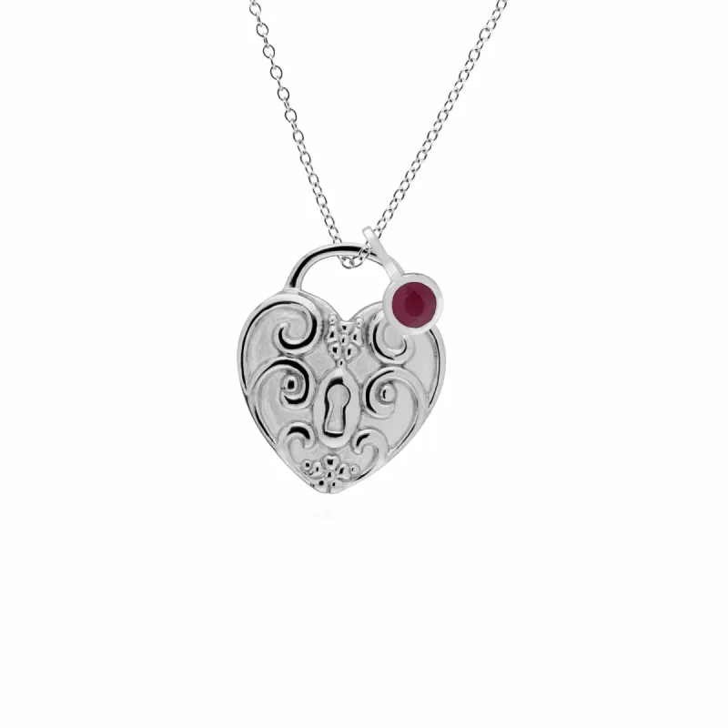 Classic Swirl Heart Lock Pendant & Ruby Charm in 925 Sterling Silver sold by Gemondo Jewellery