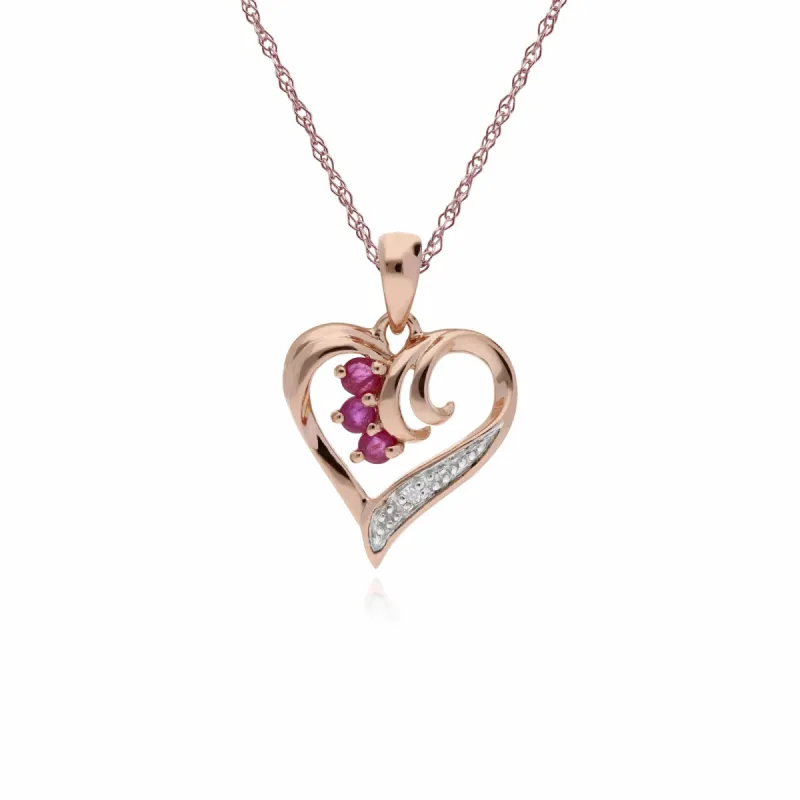 Classic Round Ruby & Diamond Swirled Love Heart Pendant in 9ct Rose Gold sold by Gemondo Jewellery