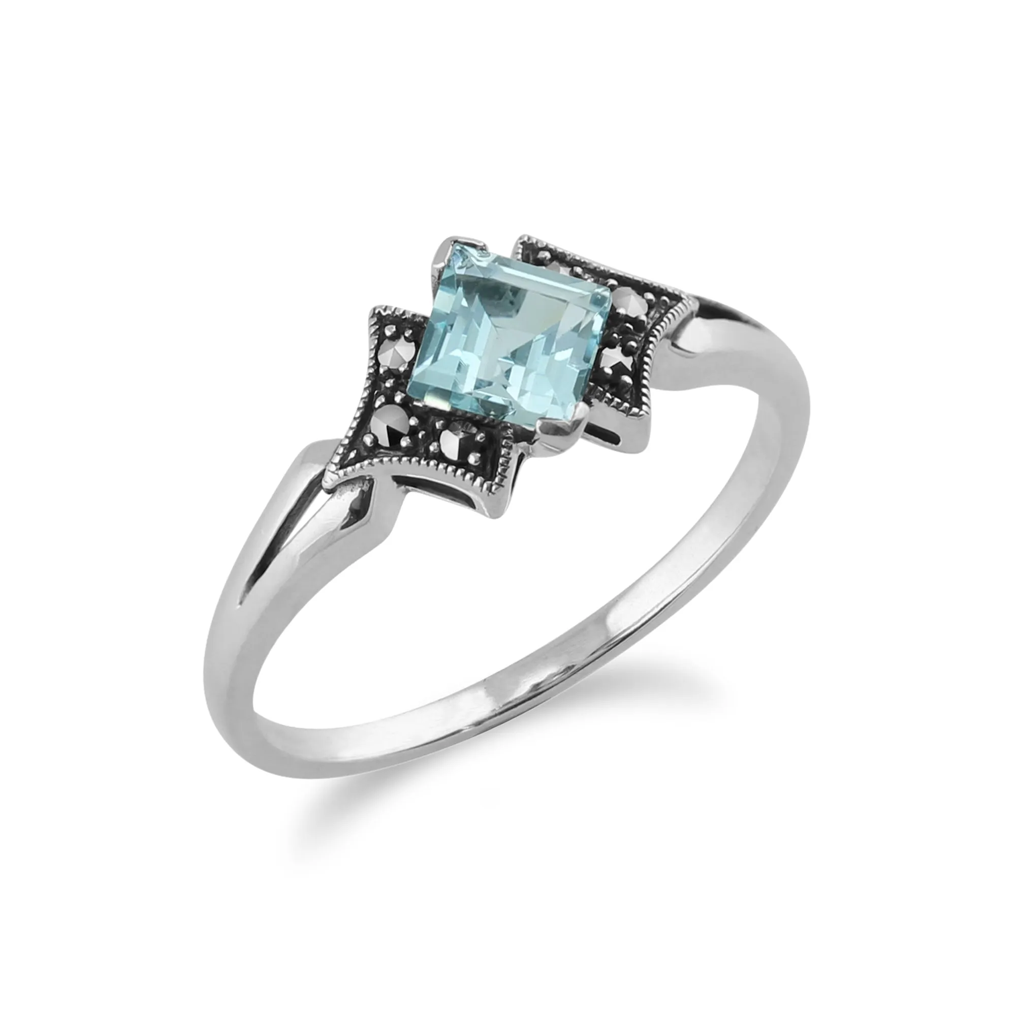 Art Deco Style Square Blue Topaz & Marcasite Ring in 925 Sterling Silver sold by Gemondo Jewellery product image thumbnail 2