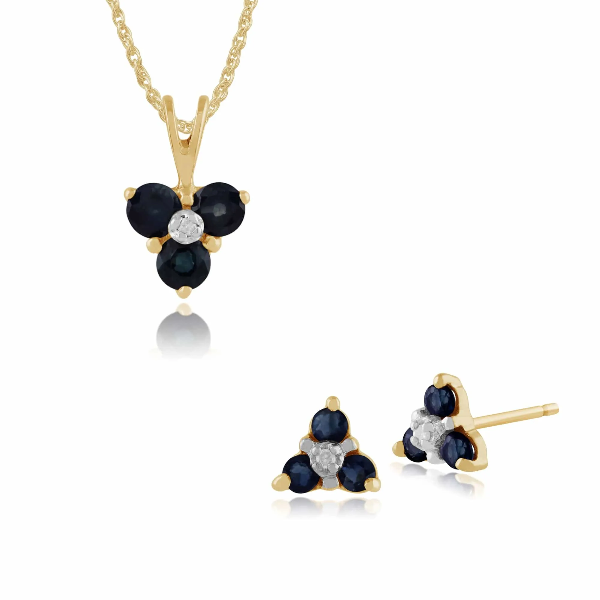 Floral Round Sapphire & Diamond Flower Stud Earrings & Pendant Set in 9ct Yellow Gold sold by Gemondo Jewellery
