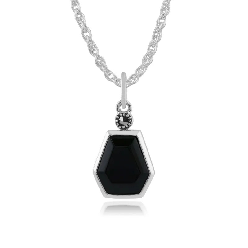 Gemondo Sterling Silver Art Deco Black Onyx & Marcasite Pendant on 45cm Chain sold by Gemondo Jewellery