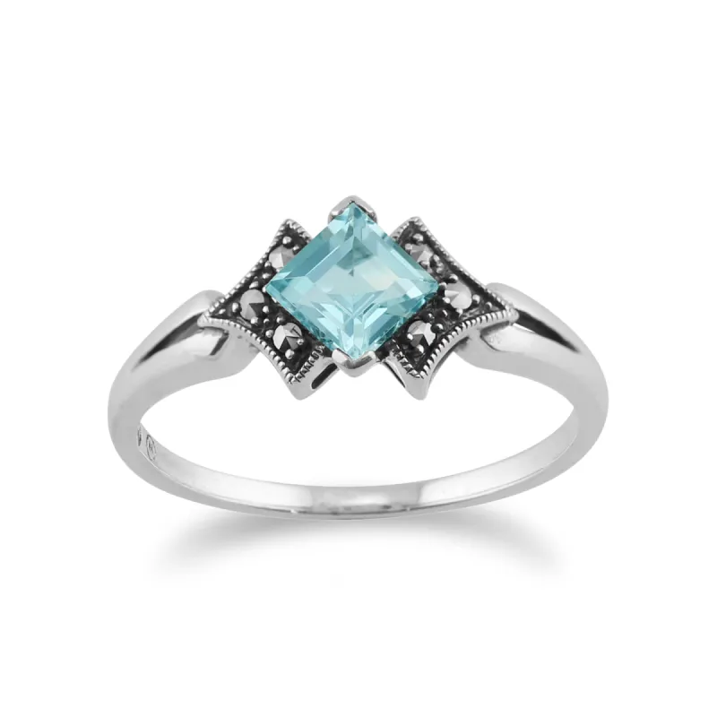 Art Deco Style Square Blue Topaz & Marcasite Ring in 925 Sterling Silver sold by Gemondo Jewellery