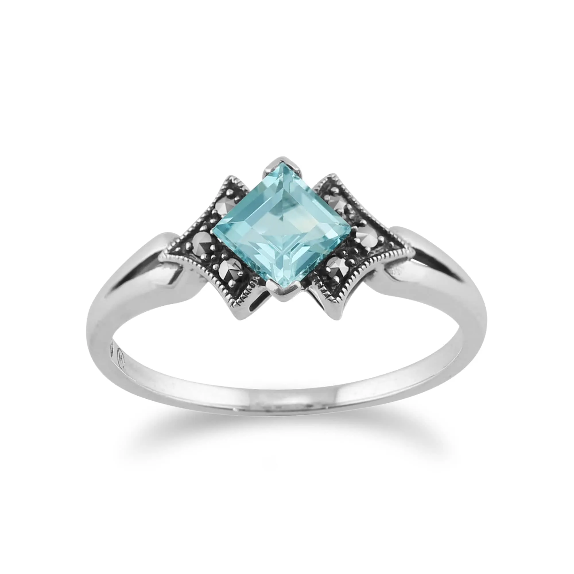 Art Deco Style Square Blue Topaz & Marcasite Ring in 925 Sterling Silver sold by Gemondo Jewellery