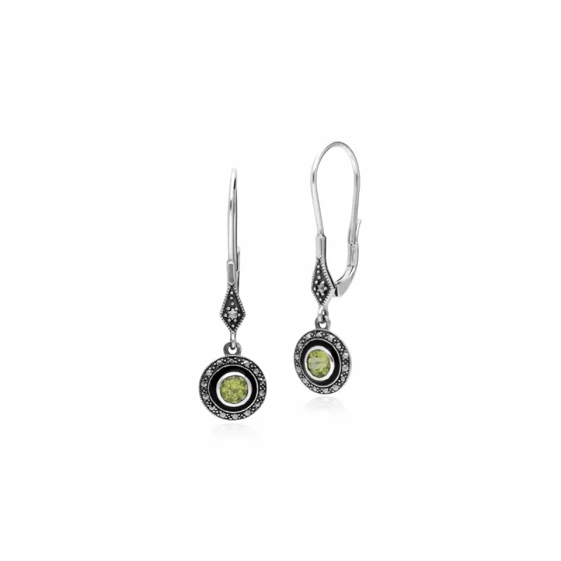 Art Deco Style Round Peridot, Marcasite & Enamel Drop Earrings in 925 Sterling Silver sold by Gemondo Jewellery