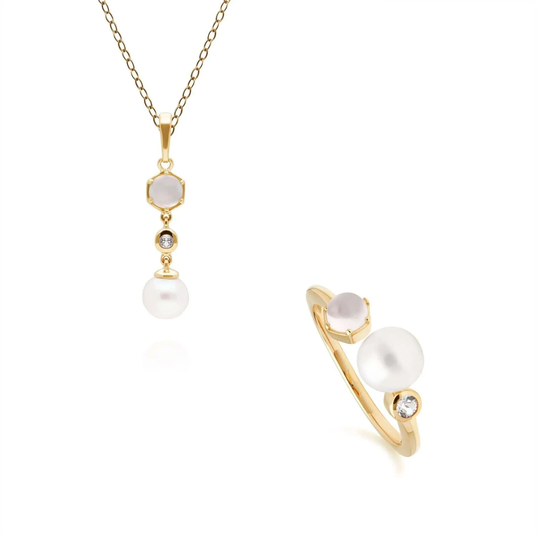 Modern Pearl, Topaz & Moonstone Pendant & Ring Set in Gold Plated Silver sold by Gemondo Jewellery