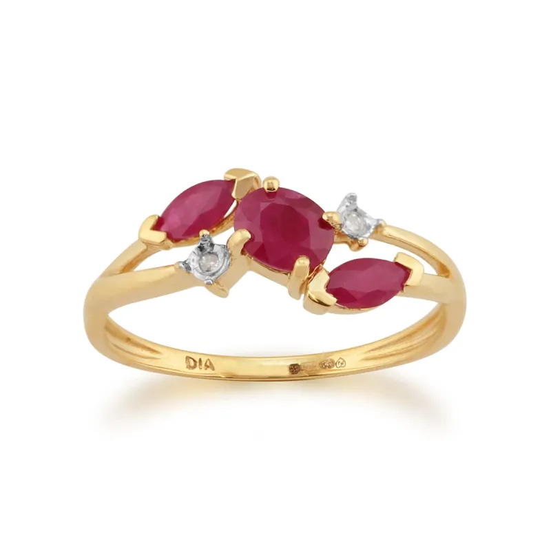 Contemporary Marquise Ruby & Diamond Three Stone Ring in 9ct Yellow Gold sold by Gemondo Jewellery