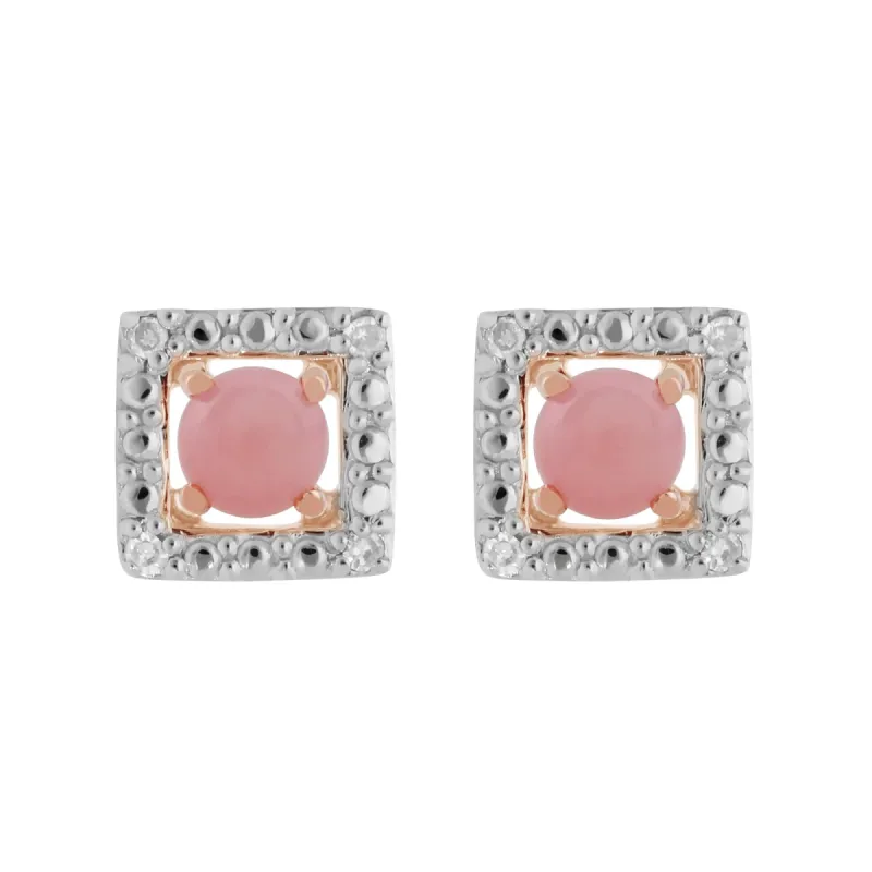 Classic Round Pink Opal Stud Earrings with Detachable Diamond Square Ear Jacket in 9ct Rose Gold sold by Gemondo Jewellery