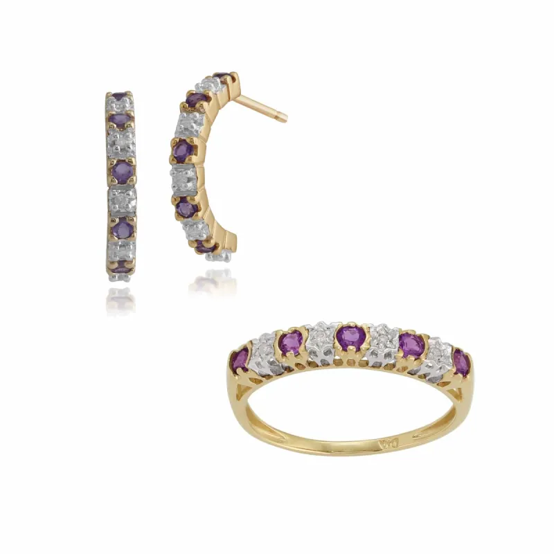 Classic Amethyst & Diamond 9ct yellow Gold Half Eternity Hoop Earrings & Ring sold by Gemondo Jewellery