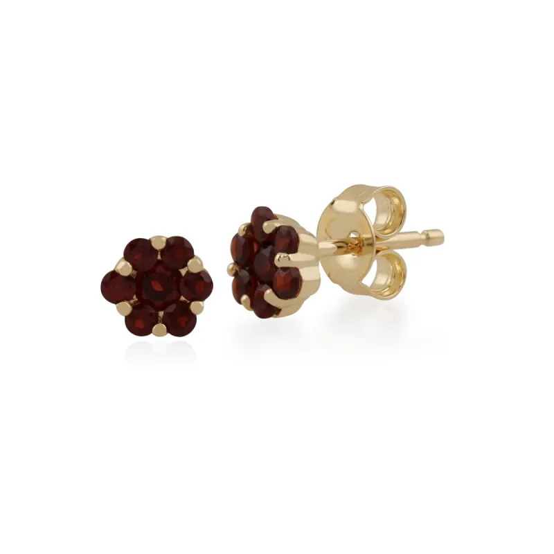 Floral Round Garnet Cluster Stud Earrings in 9ct Yellow Gold sold by Gemondo Jewellery