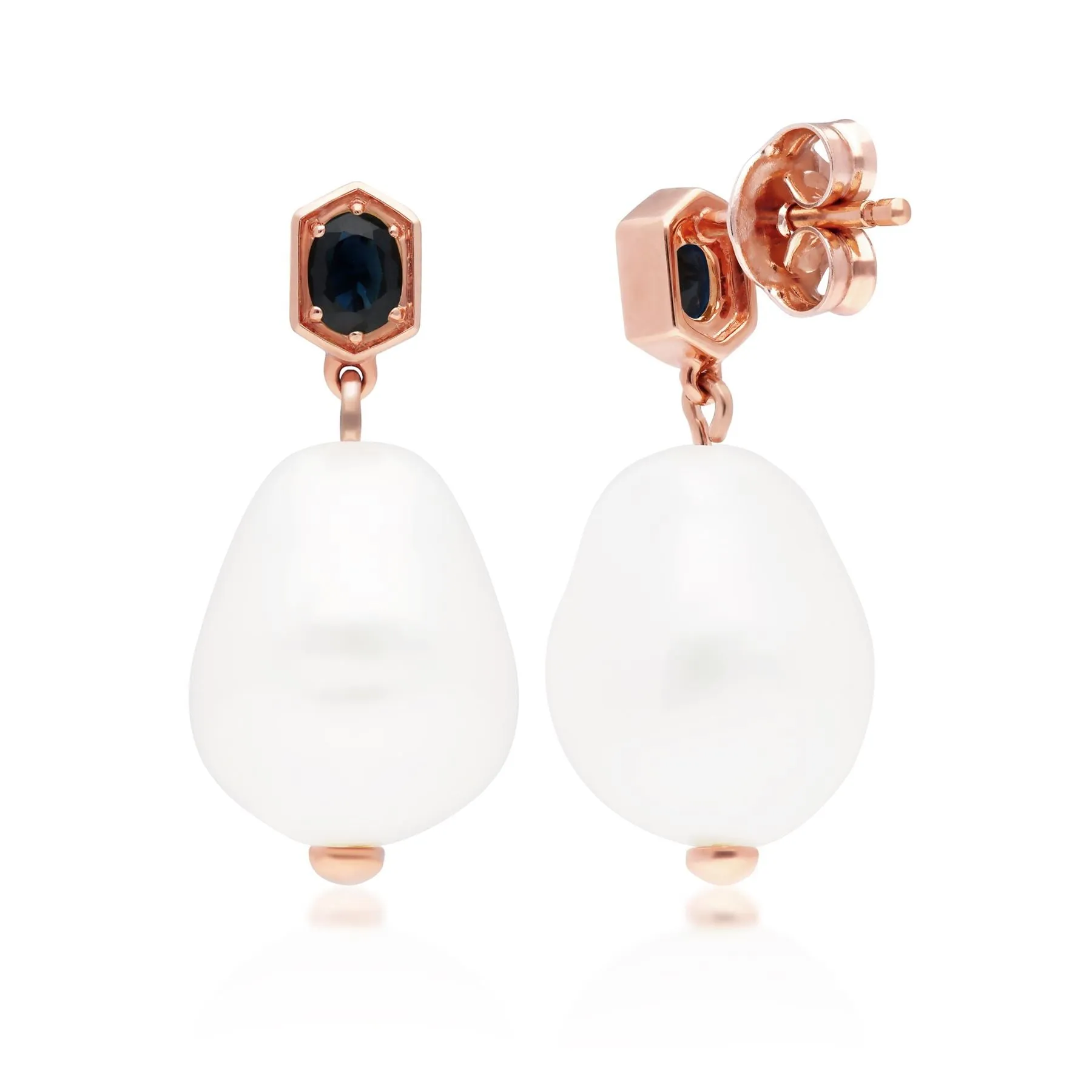 Modern Baroque Pearl & Sapphire Drop Earrings in Rose Gold Plated Silver sold by Gemondo Jewellery product image thumbnail 3