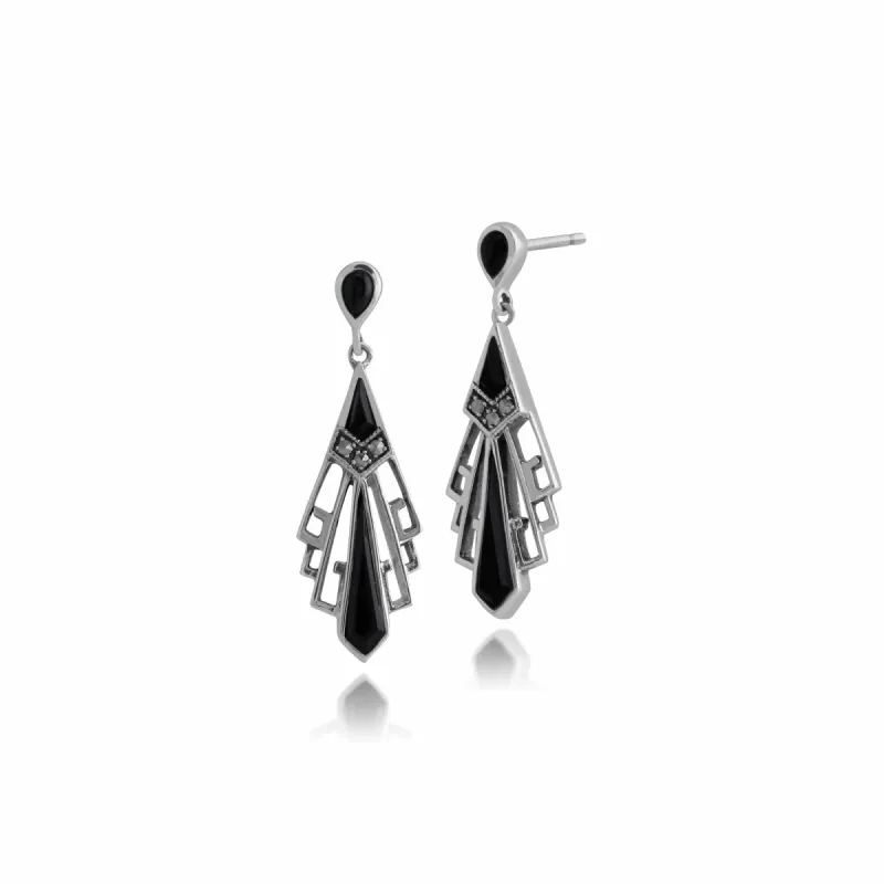 Art Deco Style Round Black Onyx & Marcasite Fan Drop Earrings in 925 Sterling Silver sold by Gemondo Jewellery