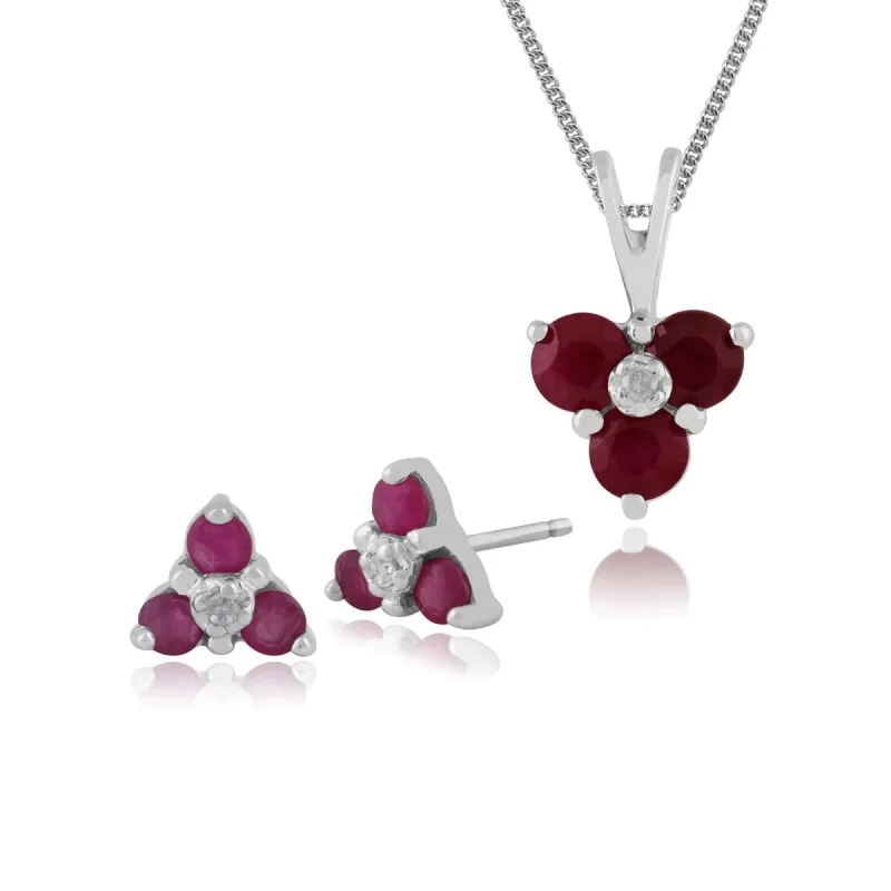 Floral Round Ruby & Diamond Flower Stud Earrings & Pendant Set in 9ct White Gold sold by Gemondo Jewellery