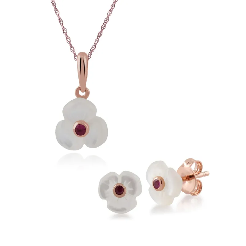 Floral Round Ruby & Mother of Pearl Daisy Stud Earrings & Pendant Set in Rose Gold Plated 925 Sterling Silver sold by Gemondo Jewellery