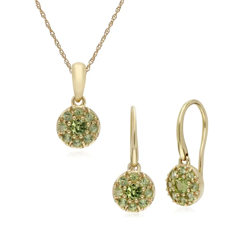 Classic Round Peridot Cluster Drop Earrings & Pendant Set in 9ct Yellow Gold sold by Gemondo Jewellery