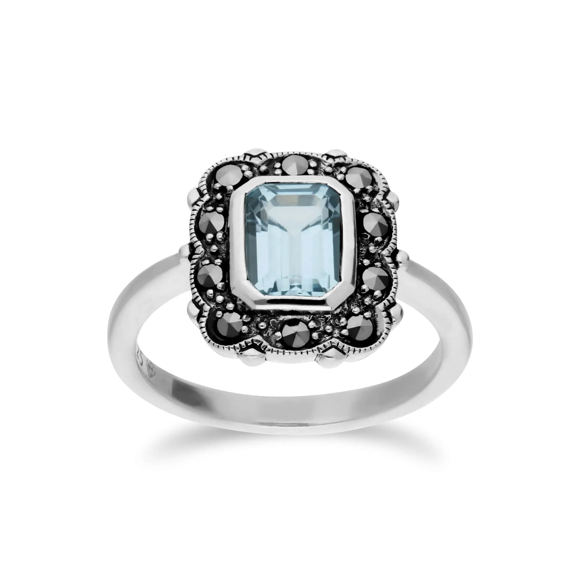 Art Nouveau Style Octagon Blue Topaz & Marcasite Border Ring in 925 Sterling Silver sold by Gemondo Jewellery