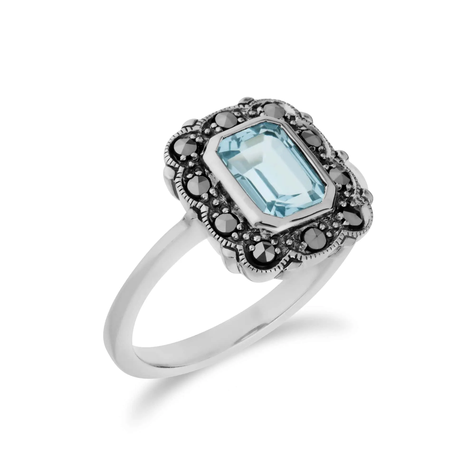 Art Nouveau Style Octagon Blue Topaz & Marcasite Border Ring in 925 Sterling Silver sold by Gemondo Jewellery product image thumbnail 2