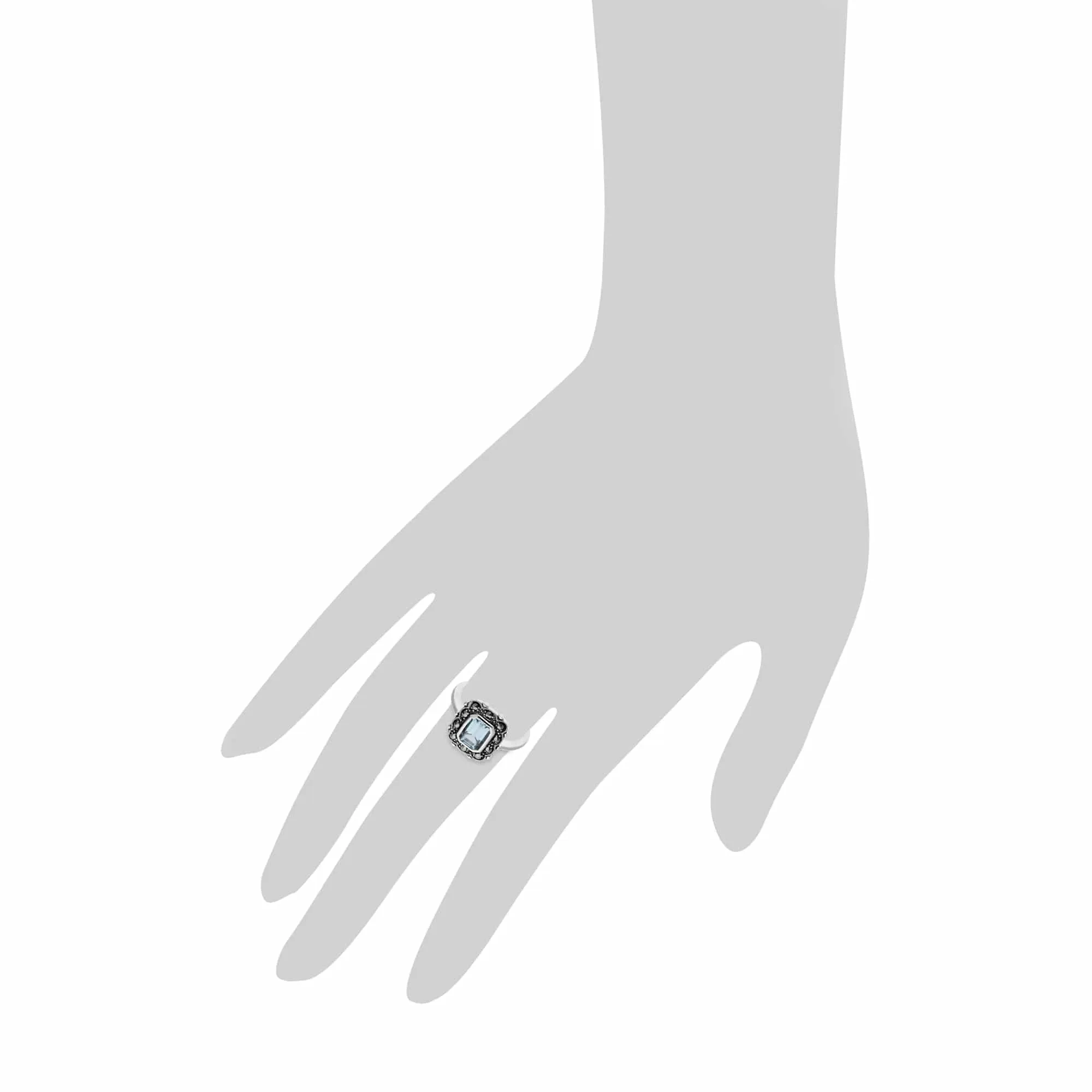 Art Nouveau Style Octagon Blue Topaz & Marcasite Border Ring in 925 Sterling Silver sold by Gemondo Jewellery product image thumbnail 3