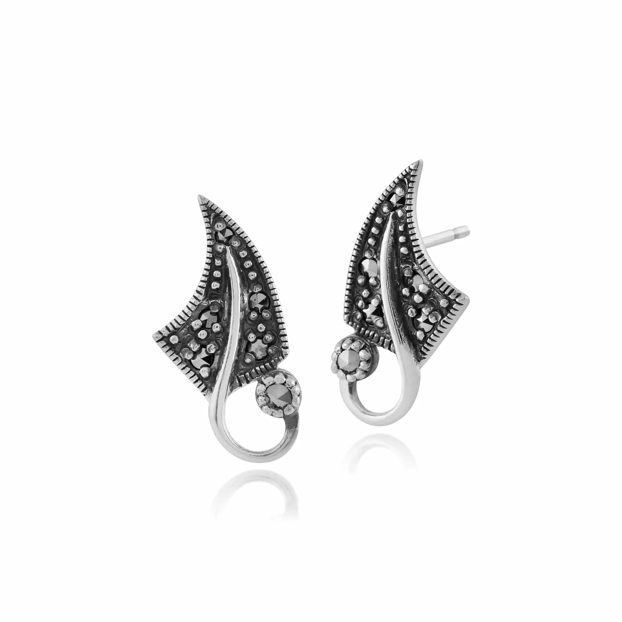 Art Nouveau Style Round Marcasite Leaf Stud Earrings in 925 Sterling Silver sold by Gemondo Jewellery