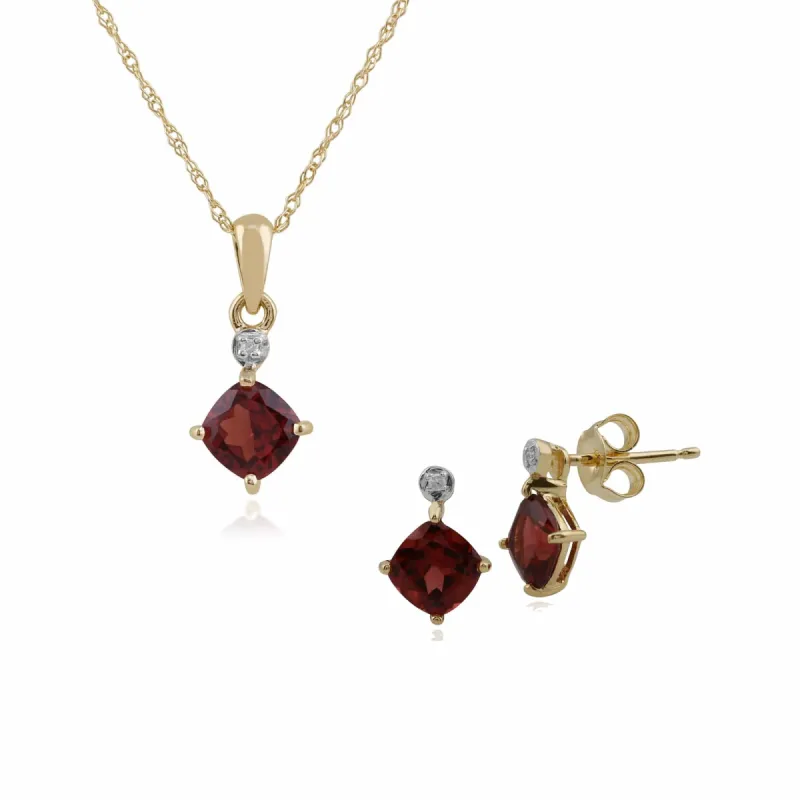 Classic Cushion Garnet & Diamond Stud Earrings & Pendant Set in 9ct Yellow Gold sold by Gemondo Jewellery