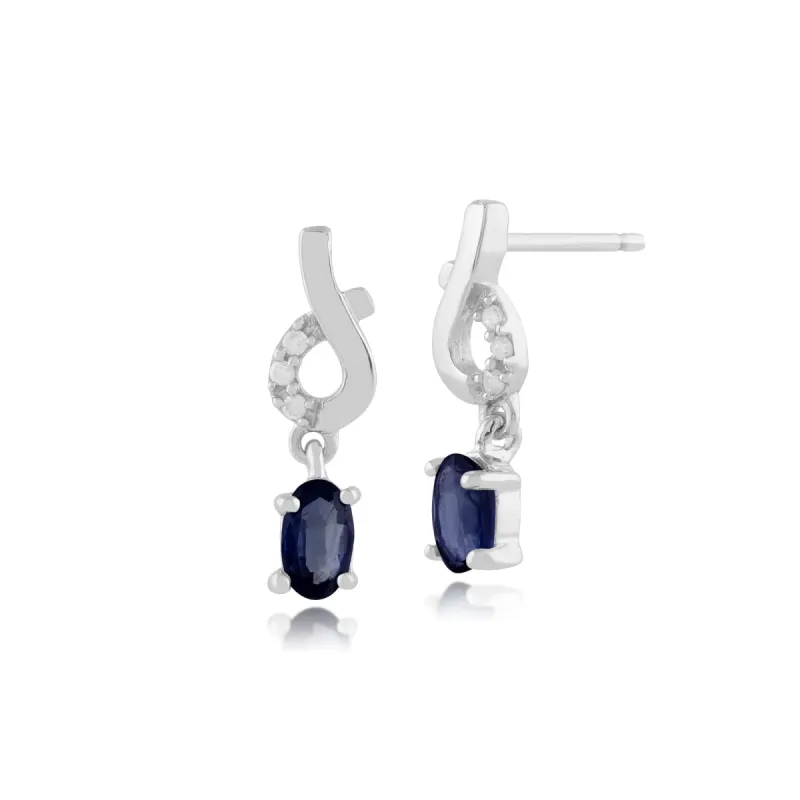 Classic Oval Light Blue Sapphire & Diamond Drop Earrings in 9ct White Gold sold by Gemondo Jewellery