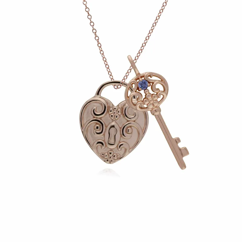 Classic Swirl Heart Lock Pendant & Tanzanite Big Key Charm in Rose Gold Plated 925 Sterling Silver sold by Gemondo Jewellery