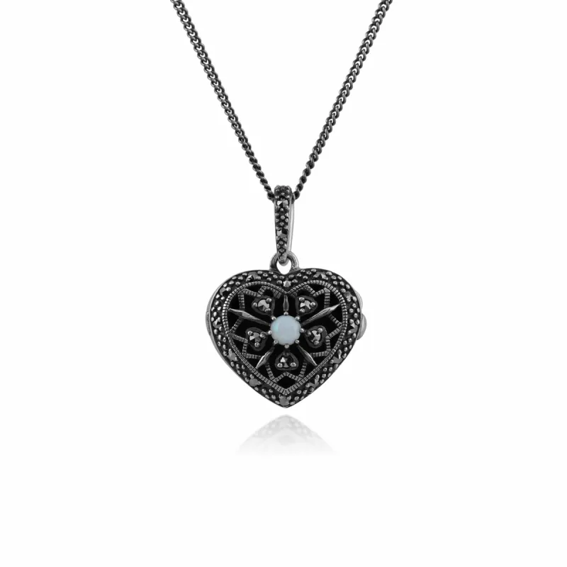 Art Nouveau Style Round Opal & Marcasite Heart Necklace in 925 Sterling Silver sold by Gemondo Jewellery