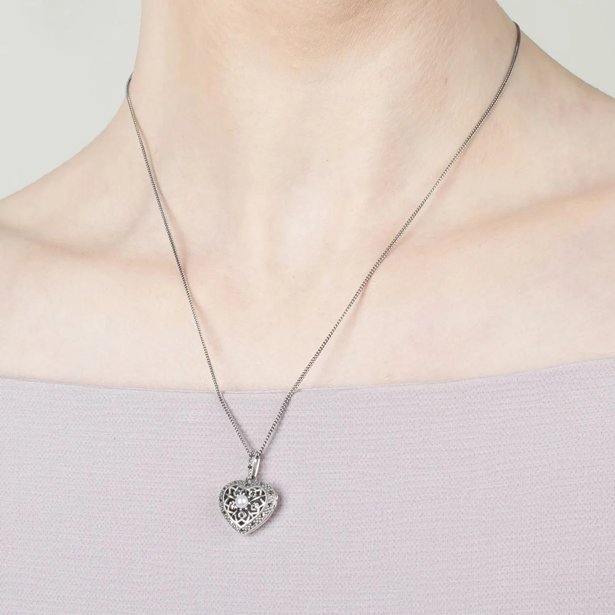 Art Nouveau Style Round Opal & Marcasite Heart Necklace in 925 Sterling Silver sold by Gemondo Jewellery product image thumbnail 2