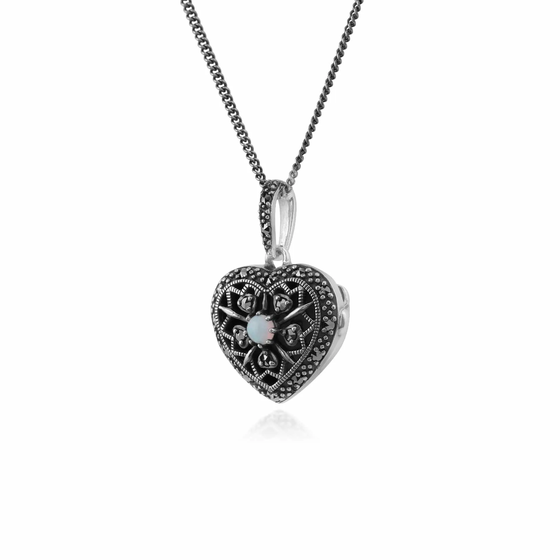 Art Nouveau Style Round Opal & Marcasite Heart Necklace in 925 Sterling Silver sold by Gemondo Jewellery product image thumbnail 3