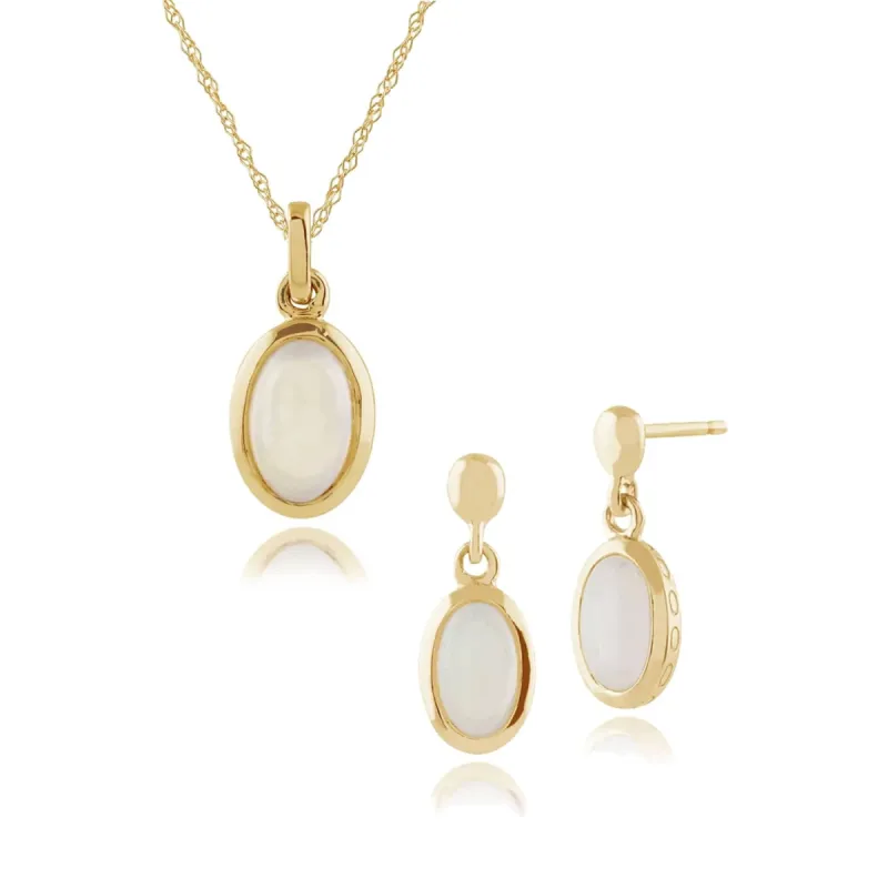 Classic Oval Opal Single Stone Bezel Drop Earrings & Pendant Set in 9ct Yellow Gold sold by Gemondo Jewellery