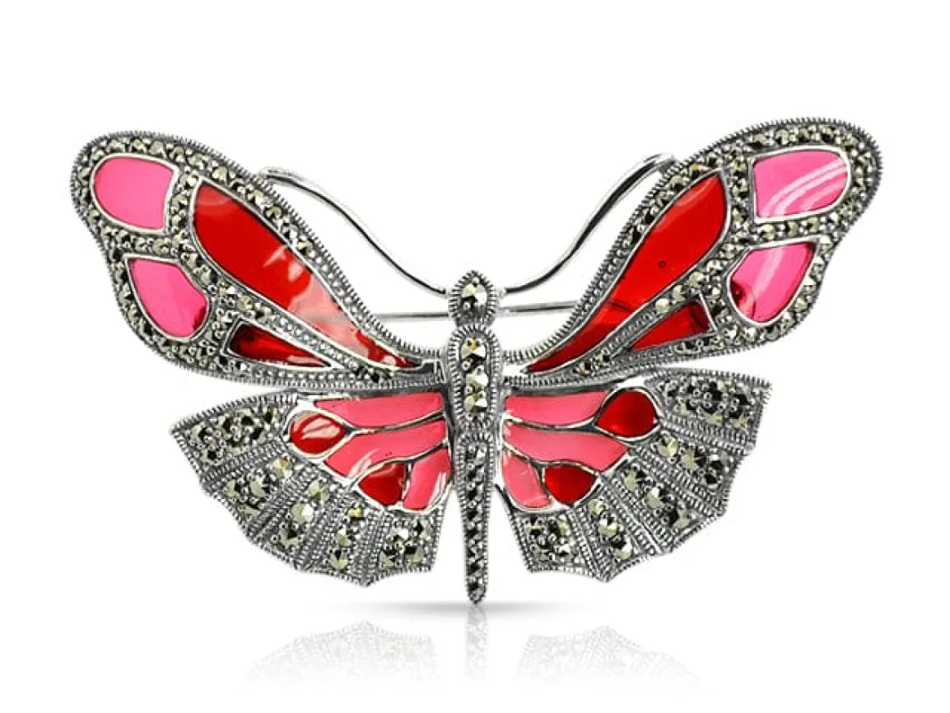 Art Nouveau Round Marcasite & Red Enamel Butterfly Brooch in 925 Sterling Silver sold by Gemondo Jewellery