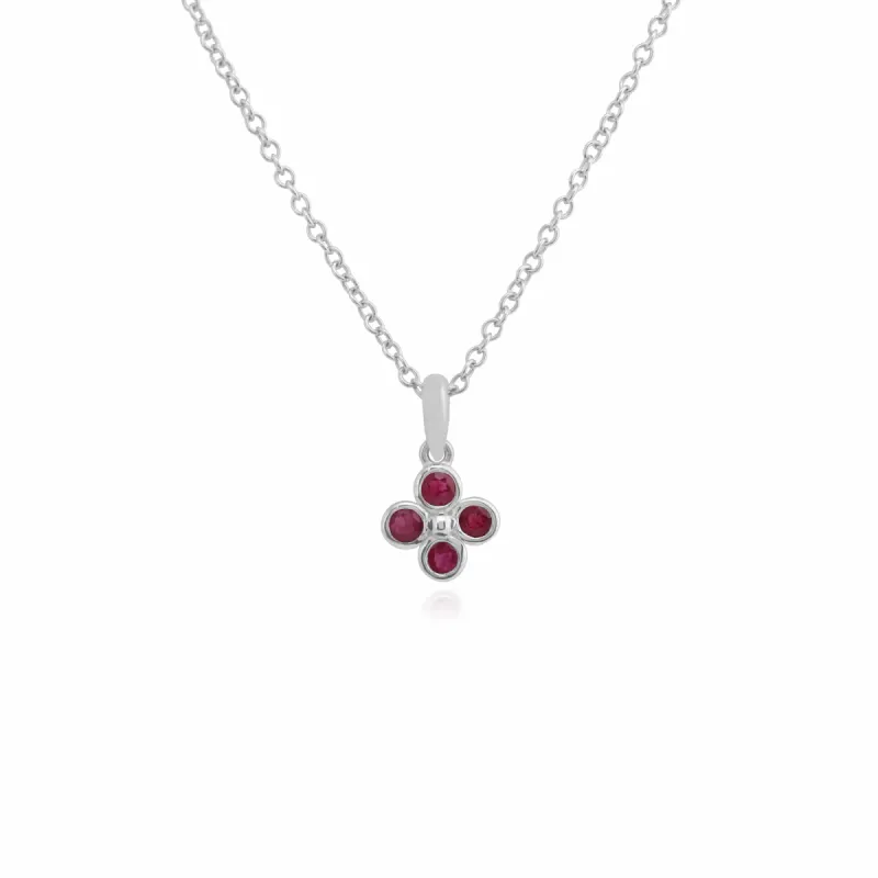 Floral Round Ruby Bezel Set Clover Pendant in 925 Sterling Silver sold by Gemondo Jewellery