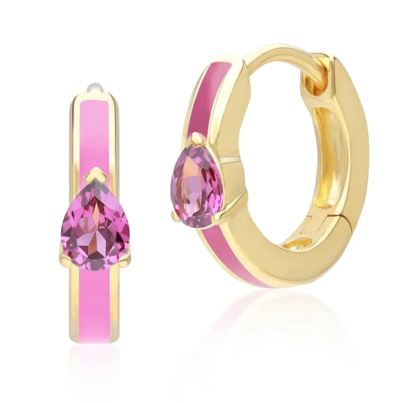 Siberian Waltz Pink Enamel & Rhodolite Hoop Earrings in Gold Plated Silver sold by Gemondo Jewellery