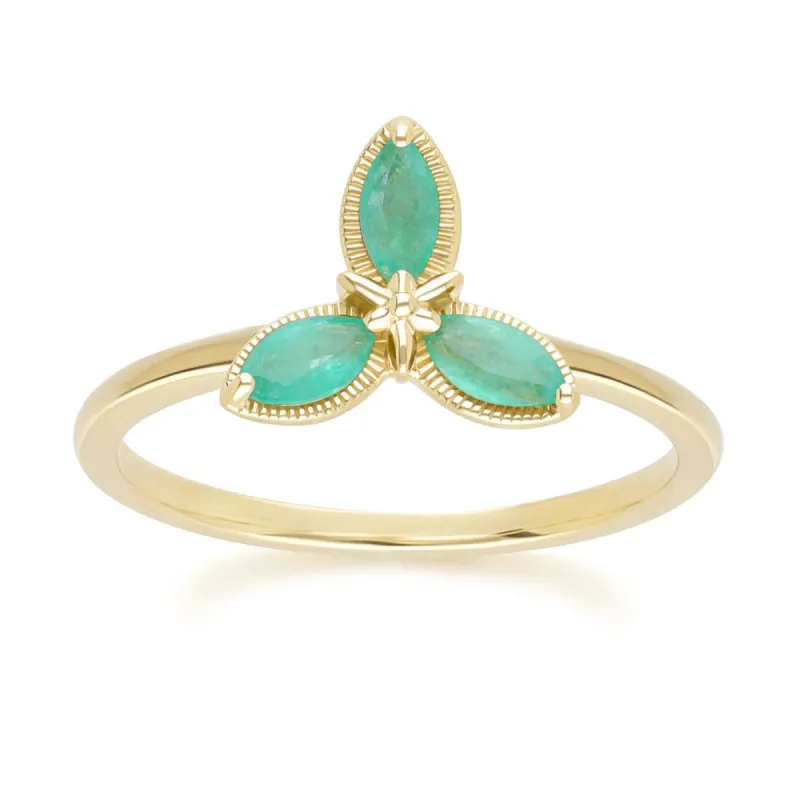Floral Marquise Emerald Ring in 9ct Yellow Gold sold by Gemondo Jewellery