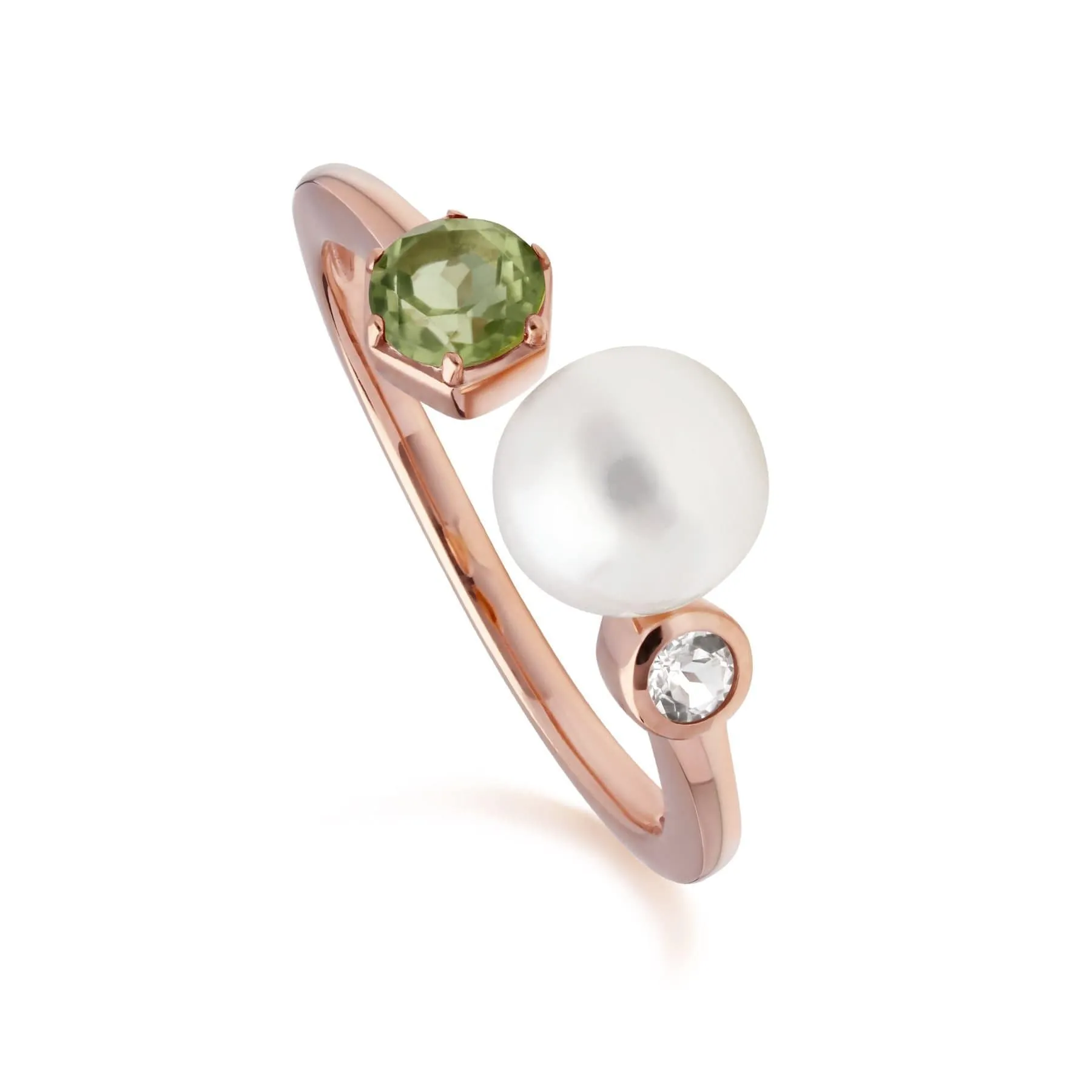 Modern Pearl, Peridot & Topaz Open Ring in Rose Gold Plated Silver sold by Gemondo Jewellery