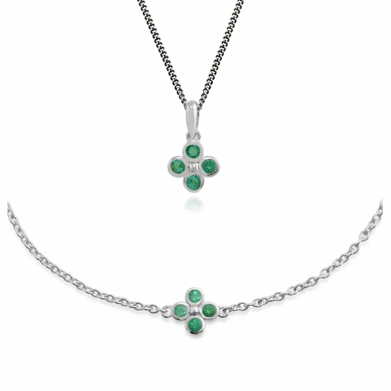Floral Round Emerald Clover Bracelet & Pendant Set in 925 Sterling Silver sold by Gemondo Jewellery