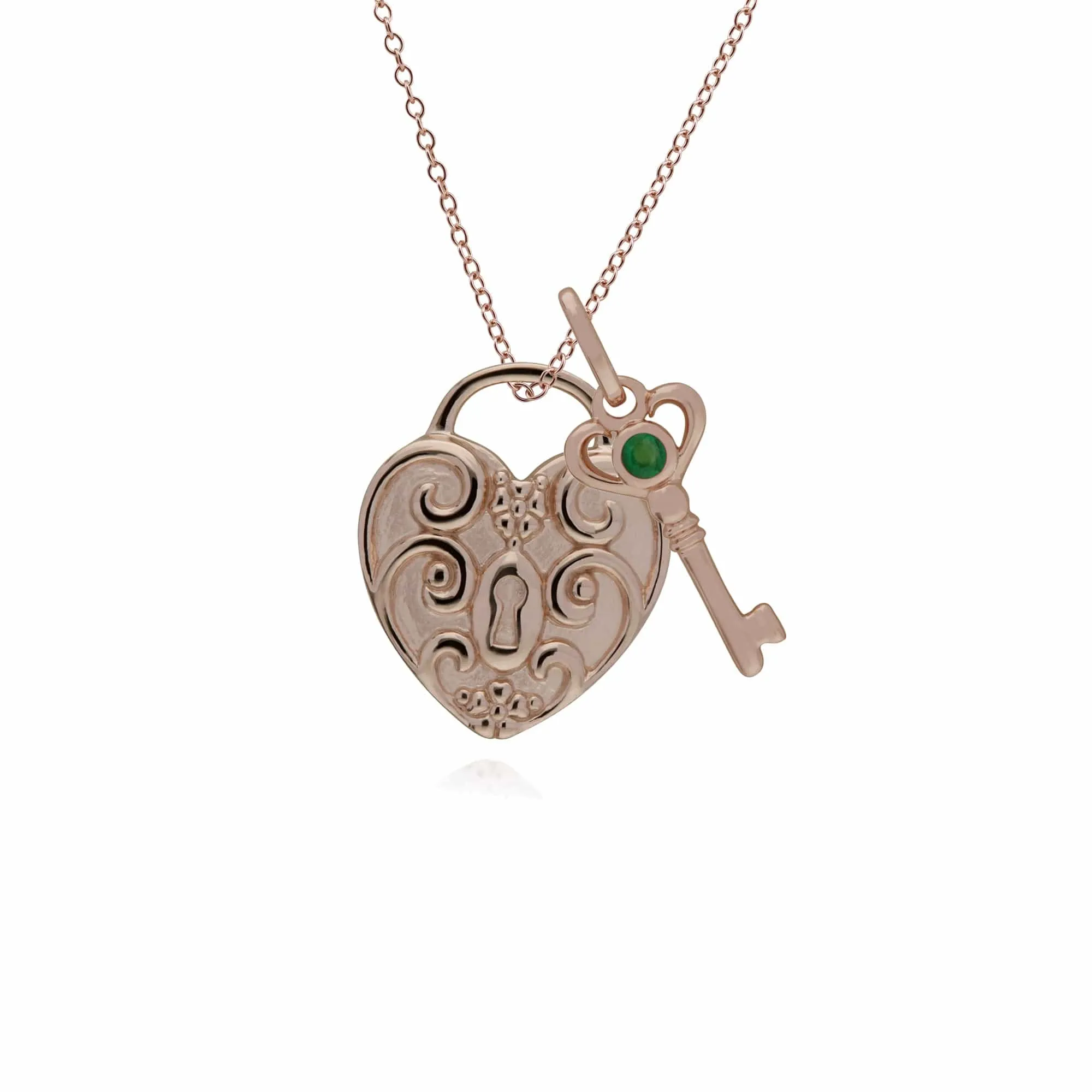 Classic Swirl Heart Lock Pendant & Emerald Key Charm in Rose Gold Plated 925 Sterling Silver sold by Gemondo Jewellery