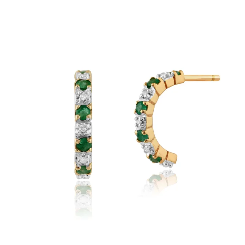 Classic Round Emerald & Diamond Half Hoop Style Earrings in 9ct Yellow Gold sold by Gemondo Jewellery