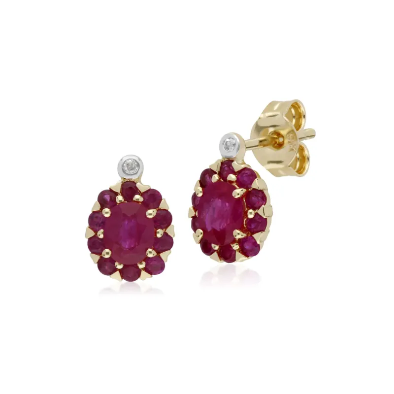 Gemondo 9ct Yellow Gold Ruby & Diamond Oval Cluster Stud Earrings sold by Gemondo Jewellery