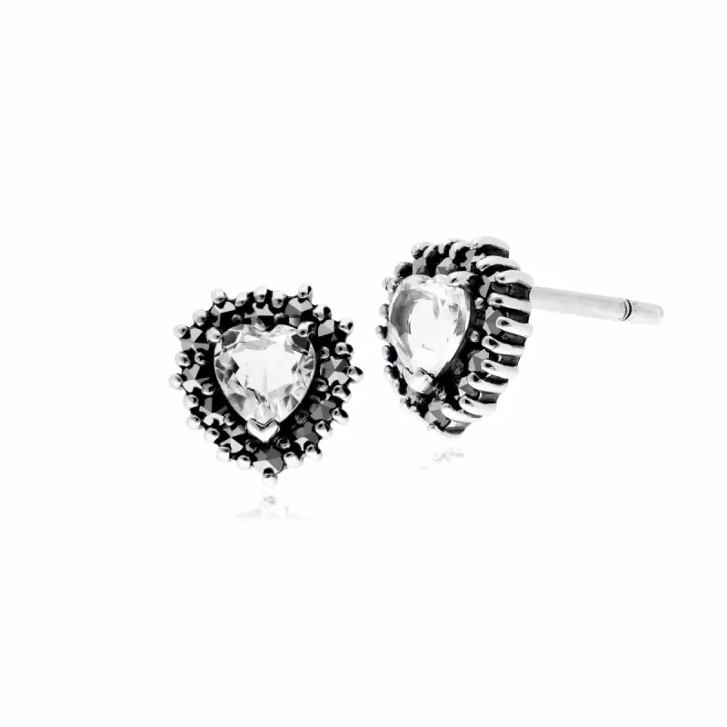 Gemondo Sterling Silver Clear Topaz & Marcasite Heart Stud Earrings sold by Gemondo Jewellery