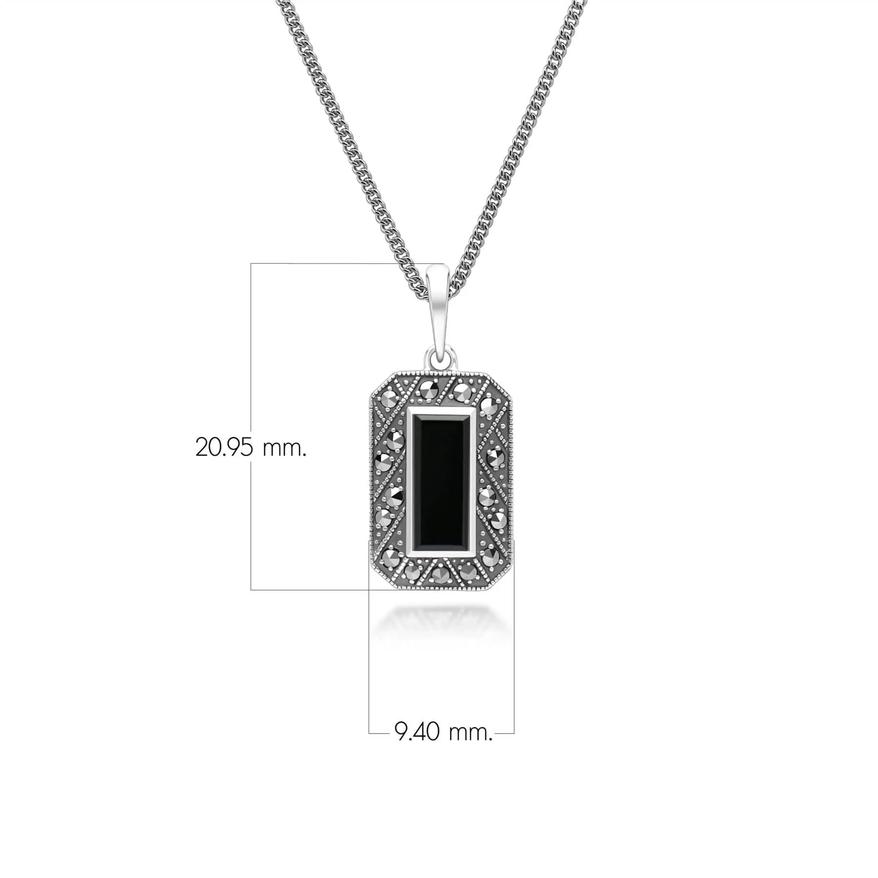 Art Deco Style Rectangle Onyx and Marcasite Pendant Necklace in Sterling Silver sold by Gemondo Jewellery product image thumbnail 3