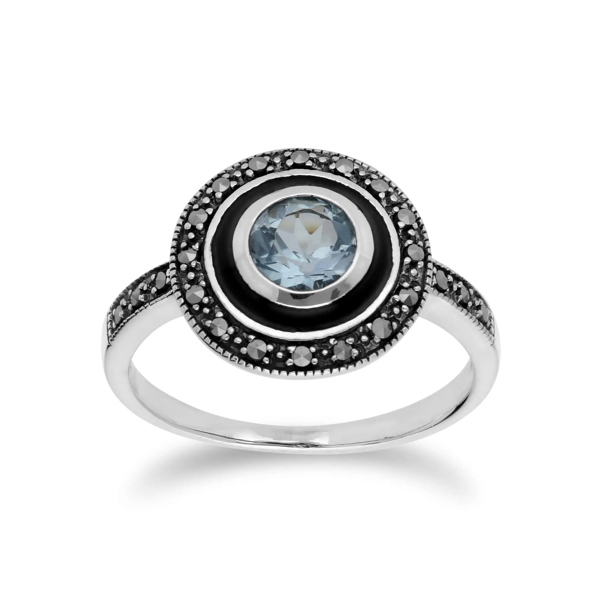 Art Deco Style Round Blue Topaz, Marcasite & Black Enamel Pendant & Ring Set in 925 Sterling Silver sold by Gemondo Jewellery product image thumbnail 3