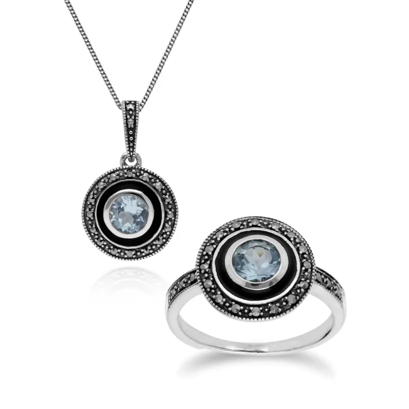 Art Deco Style Round Blue Topaz, Marcasite & Black Enamel Pendant & Ring Set in 925 Sterling Silver sold by Gemondo Jewellery