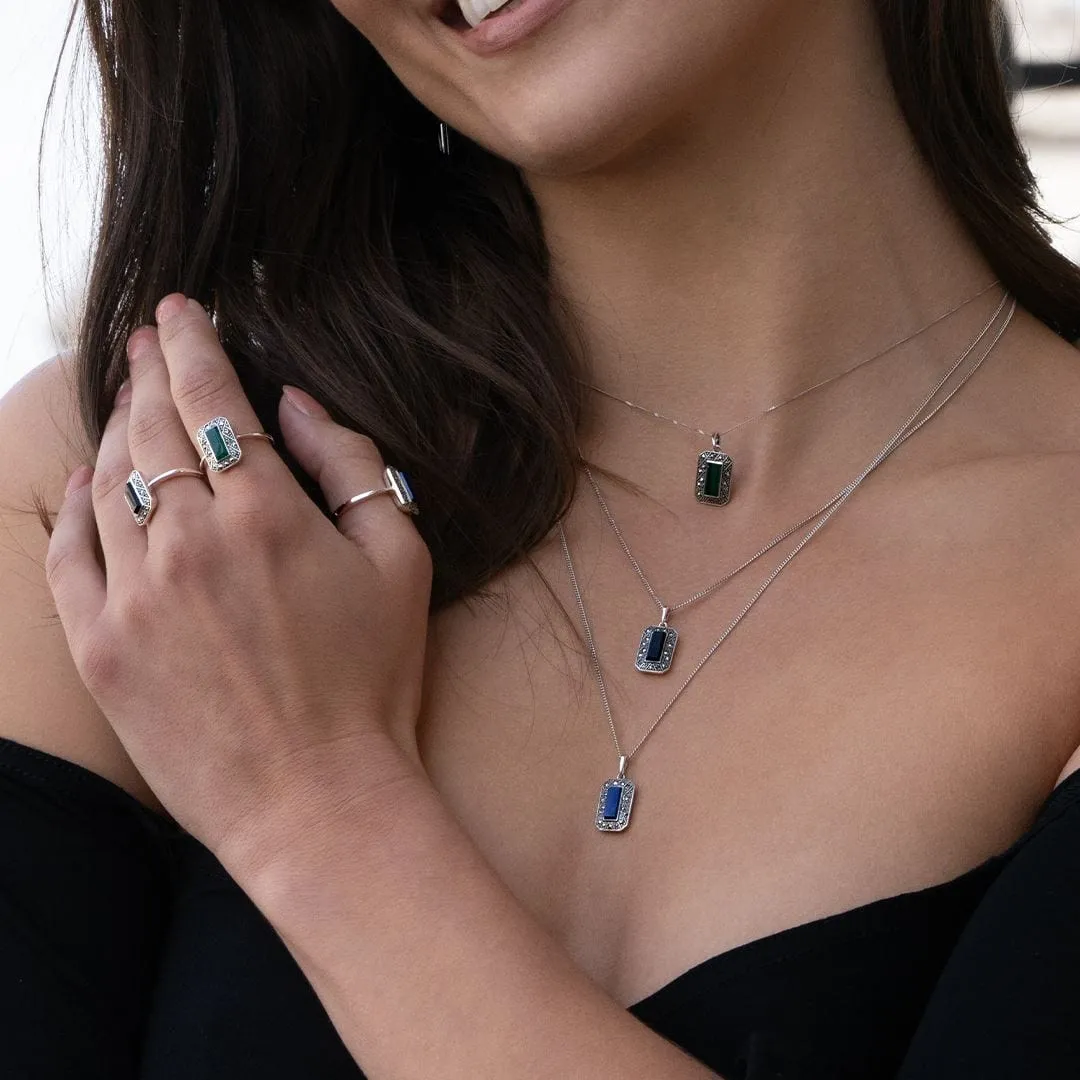 Art Deco Style Rectangle Onyx and Marcasite Pendant Necklace in Sterling Silver sold by Gemondo Jewellery product image thumbnail 2