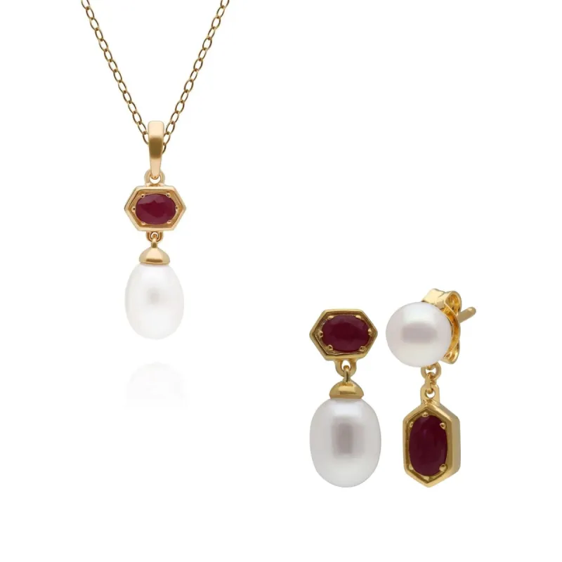 Modern Pearl & Ruby Earring & Pendant Set in Gold Plated Silver sold by Gemondo Jewellery