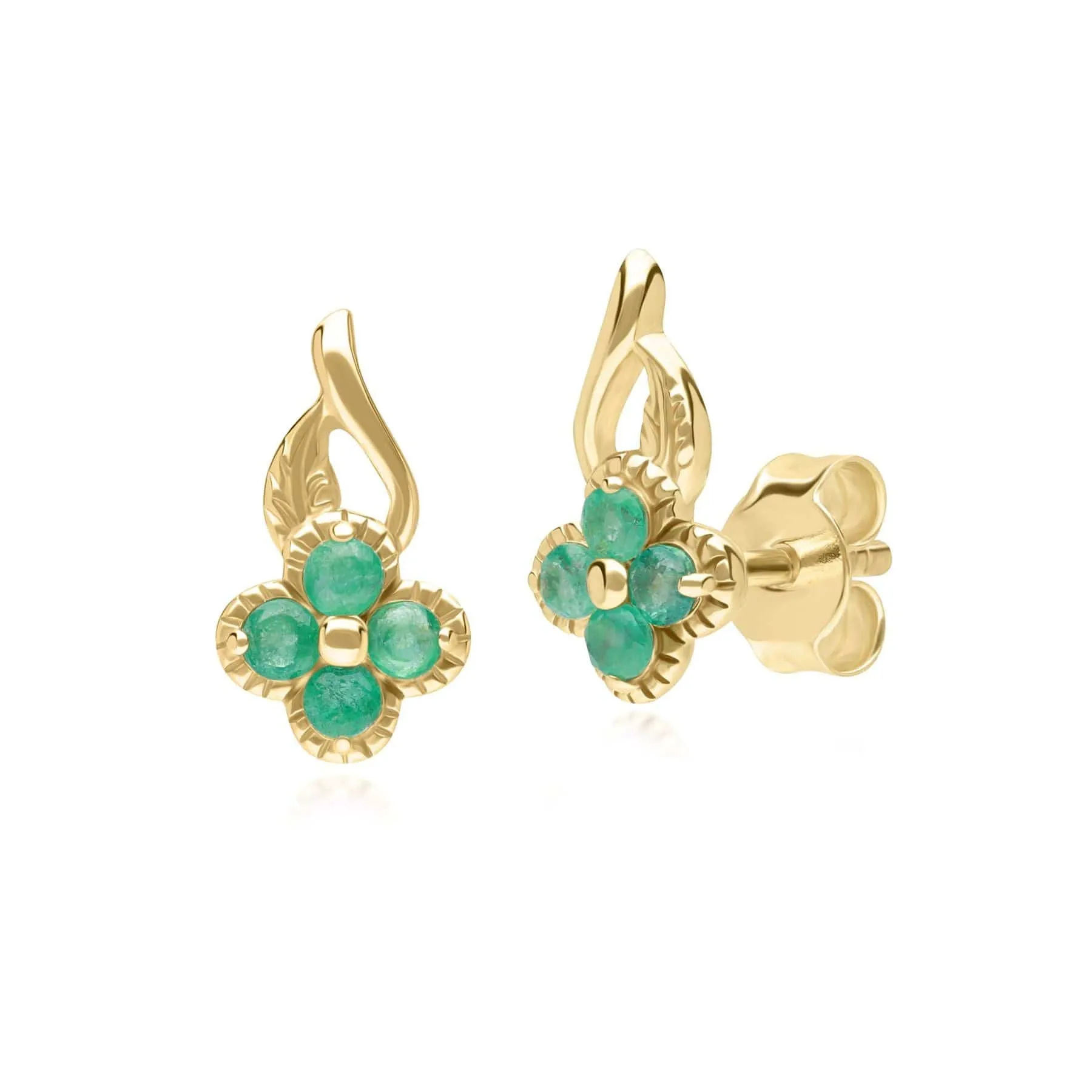 Floral Round Emerald Stud Earrings in 9ct Yellow Gold sold by Gemondo Jewellery