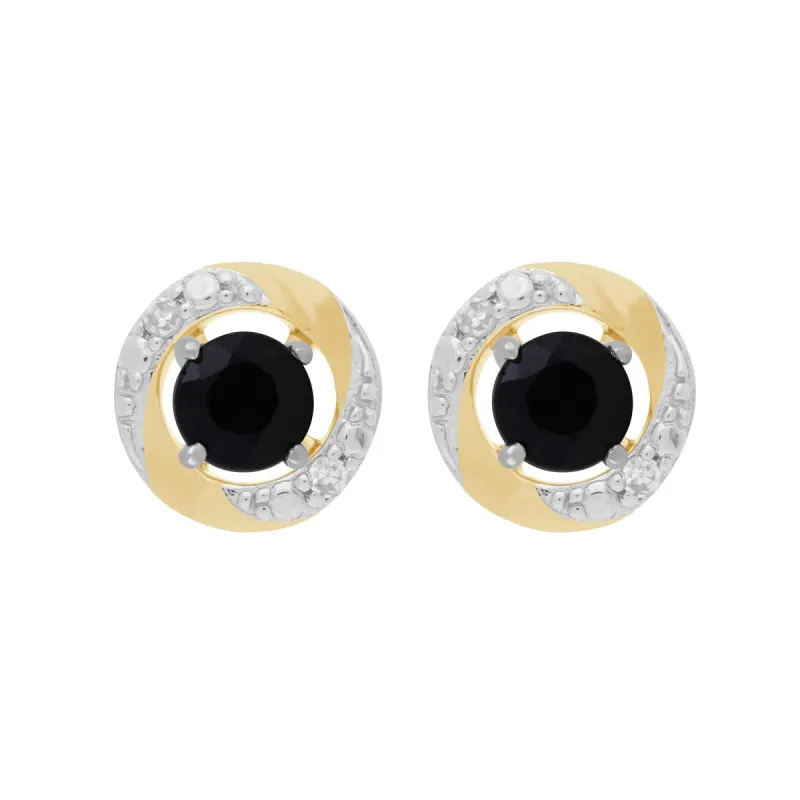 9ct White Gold Dark Blue Sapphire Studs with Detachable Diamond Halo Ear Jacket in 9ct Yellow Gold sold by Gemondo Jewellery