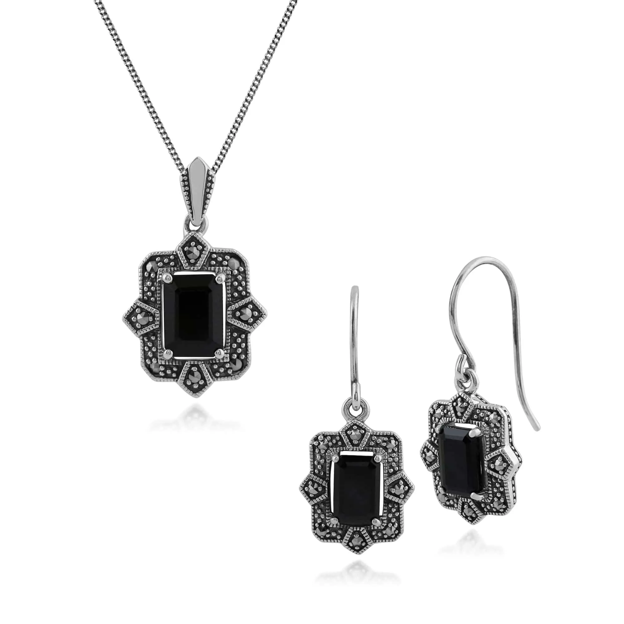 Art Deco Style Black Spinel & Marcasite Earrings & Pendant Set in Silver sold by Gemondo Jewellery